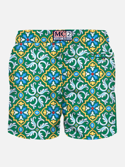 Mc2 Saint Barth Man Light Fabric Swim Shorts With Majolica Print In Green