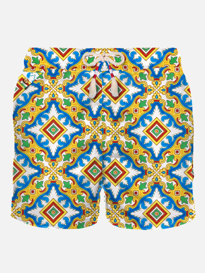 Mc2 Saint Barth Light Fabric Man Swim Shorts Maiolica Print In White