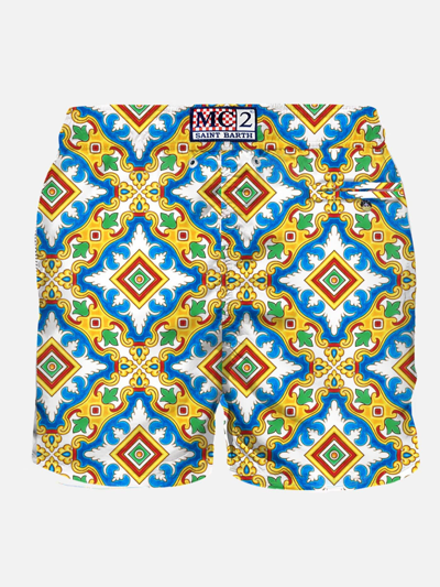 Mc2 Saint Barth Light Fabric Man Swim Shorts Maiolica Print In White