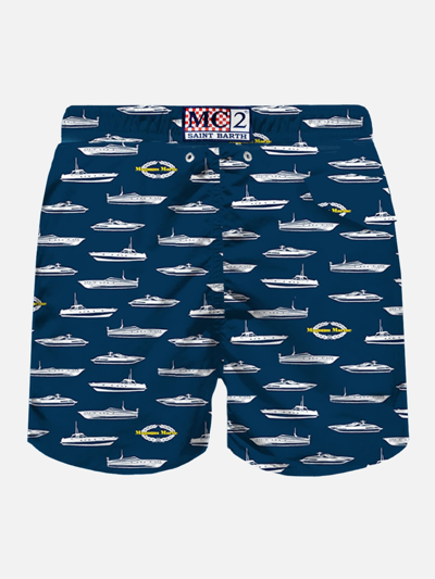 Mc2 Saint Barth Man Light Fabric Swim Shorts With Magnum Marine Print Magnum Marine Special Edition In Blue