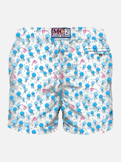 Mc2 Saint Barth Man Light Fabric Swim Shorts With Jellyfish Print In White