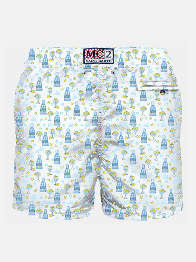 Mc2 Saint Barth Man Light Fabric Swim Shorts With Gin Print Gin Mare Special Edition In White