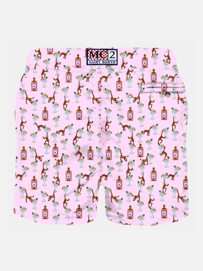 Mc2 Saint Barth Man Light Fabric Swim Shorts With Gin And Monkey Print In Pink