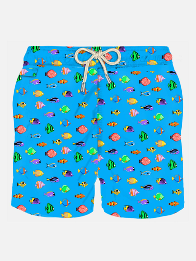 Shop Mc2 Saint Barth Man Light Fabric Swim Shorts With Fish Print In Sky
