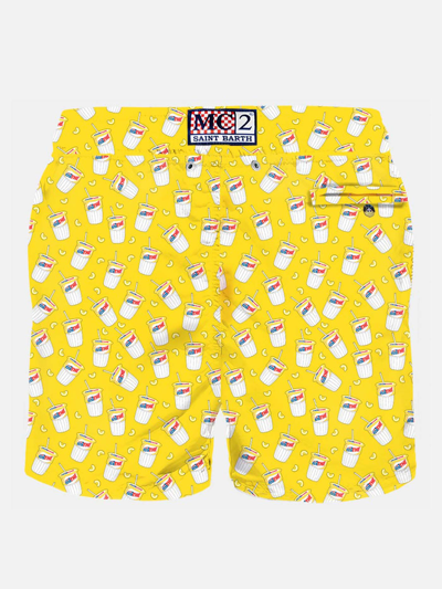 Mc2 Saint Barth Man Light Fabric Swim Shorts With Estathé Print Estathe® Special Edition In Yellow
