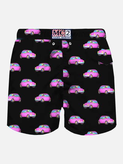 Mc2 Saint Barth Man Light Fabric Swim Shorts With Cars Print Marco Lodola Special Edition In Black