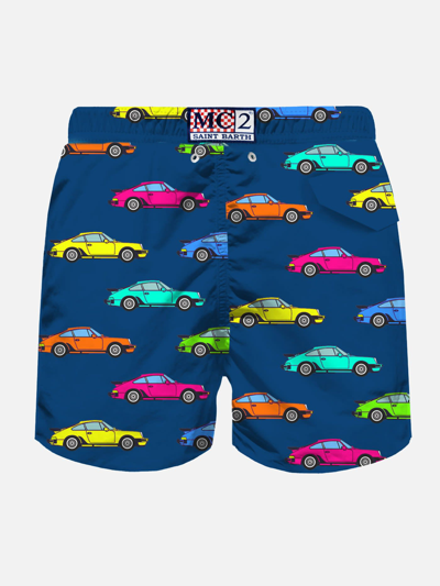 Mc2 Saint Barth Man Swim Shorts With Cars Print In Blue