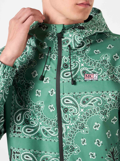 Shop Mc2 Saint Barth Man Hooded Lightweight Windbreaker With Bandanna Print In Green