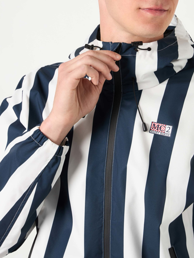 Mc2 Saint Barth Man Hooded Jacket With Striped Print In Blue
