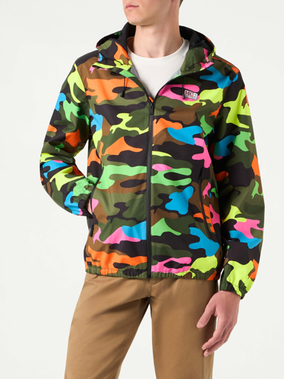Shop Mc2 Saint Barth Man Hooded Lightweight Windbreaker With Camouflage Print In Fluo