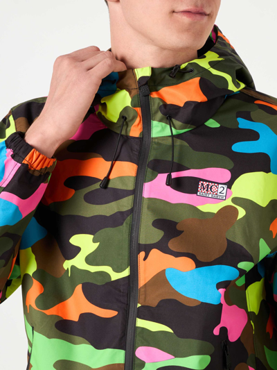 Shop Mc2 Saint Barth Man Hooded Lightweight Windbreaker With Camouflage Print In Fluo