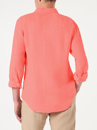 Mc2 Saint Barth Man Fluo Red Linen Pamplona Shirt In Fluo