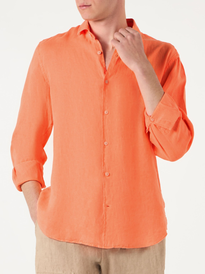 Shop Mc2 Saint Barth Man Fluo Orange Linen Pamplona Shirt