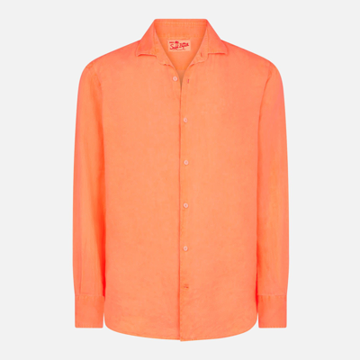 Shop Mc2 Saint Barth Man Fluo Orange Linen Pamplona Shirt