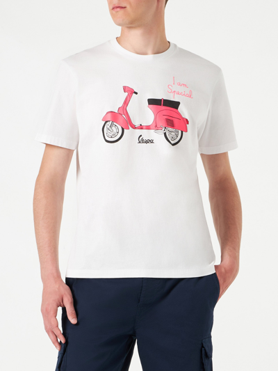 Shop Mc2 Saint Barth Man Cotton T-shirt With Vespa Print Vespa® Special Edition In White