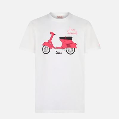 Shop Mc2 Saint Barth Man Cotton T-shirt With Vespa Print Vespa® Special Edition In White