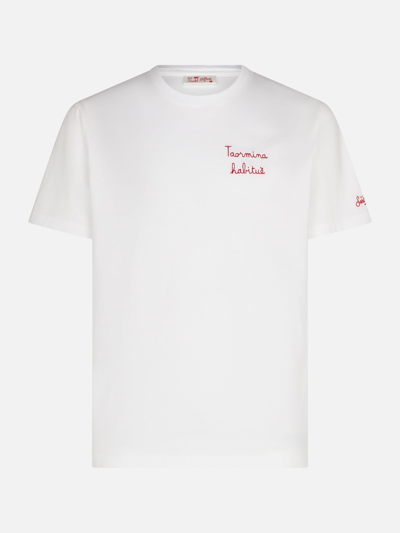 Shop Mc2 Saint Barth Man Cotton T-shirt With Taormina Habituè Embroidery In White