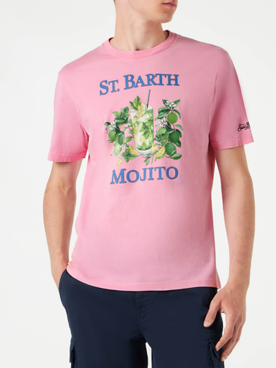 Shop Mc2 Saint Barth Man Cotton T-shirt With St. Barth Mojito Print In Pink