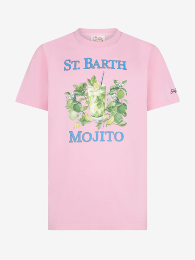 Shop Mc2 Saint Barth Man Cotton T-shirt With St. Barth Mojito Print In Pink
