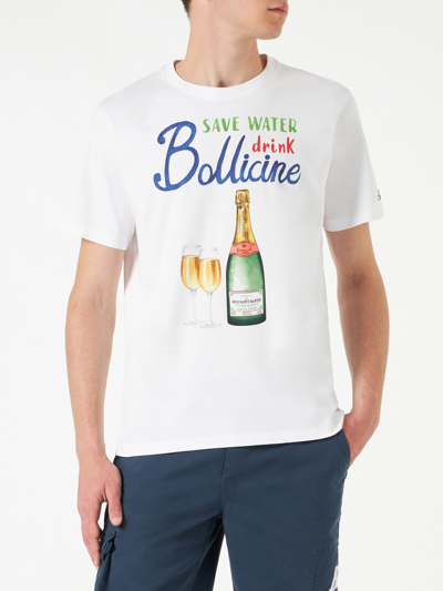 Shop Mc2 Saint Barth Man Cotton T-shirt With Save Water, Drink Bollicine Print In White