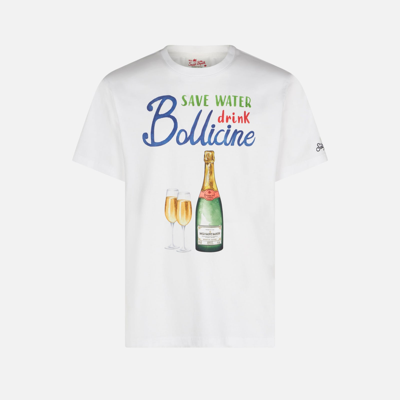 Shop Mc2 Saint Barth Man Cotton T-shirt With Save Water, Drink Bollicine Print In White