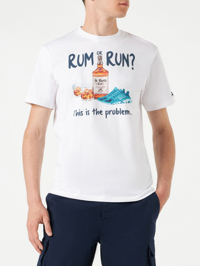 Shop Mc2 Saint Barth Man Cotton T-shirt With Rum Or Run Print In White