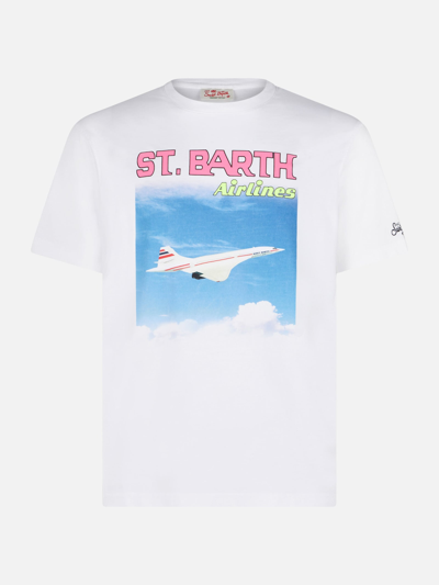 Mc2 Saint Barth Man Cotton T-shirt With Saint Barth Airlines Print In White