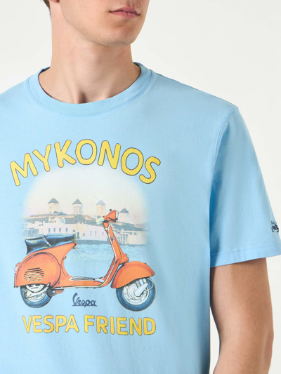 Shop Mc2 Saint Barth Man Cotton T-shirt With Mykonos Vespa Print Vespa® Special Edition In Sky