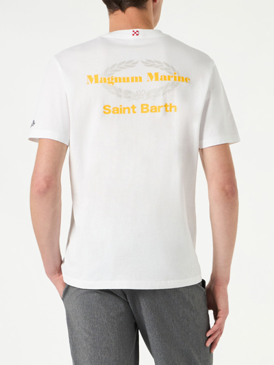 Mc2 Saint Barth Man Cotton T-shirt With Magnum Marine St. Barth Print In White