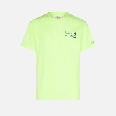 Mc2 Saint Barth Man Cotton T-shirt With Like A Virgin Embroidery In Fluo