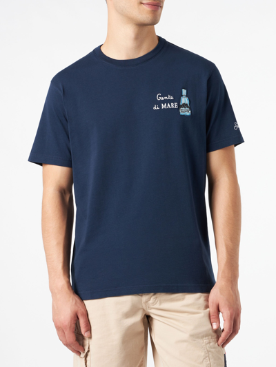 Shop Mc2 Saint Barth Man Cotton T-shirt With Gin Mare Embroidery Gin Mare Special Edition In Blue