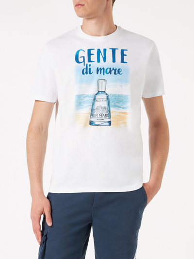 Shop Mc2 Saint Barth Man Cotton T-shirt With Gente Di Mare Print Gin Mare Special Edition In White