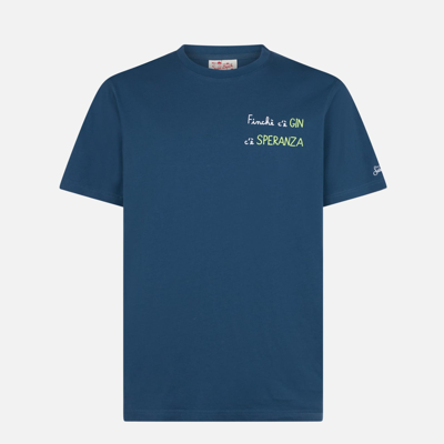 Shop Mc2 Saint Barth Man Cotton T-shirt With Finchè Cè Gin Cè Speranza Embroidery In Blue