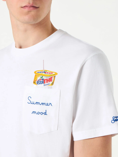 Mc2 Saint Barth Man Cotton T-shirt With Estathé Summer Mood Print And Embroidery Estathé® Special Edition In White
