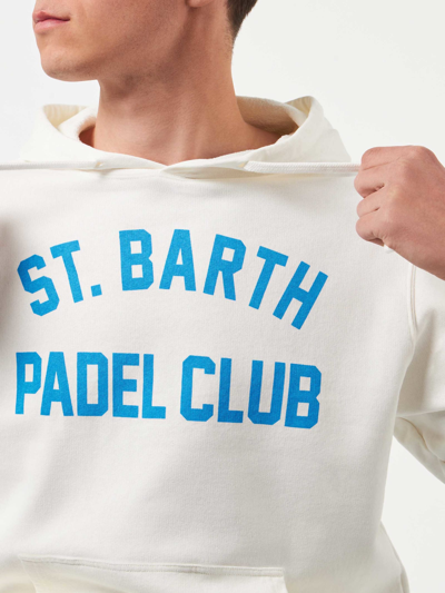 Shop Mc2 Saint Barth Man Cotton Hooded White Sweatshirt With Bluette St. Barth Padel Club Print