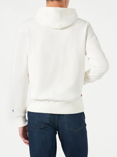 Shop Mc2 Saint Barth Man Cotton Hooded White Sweatshirt With Bluette St. Barth Padel Club Print