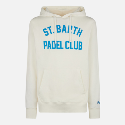 Shop Mc2 Saint Barth Man Cotton Hooded White Sweatshirt With Bluette St. Barth Padel Club Print