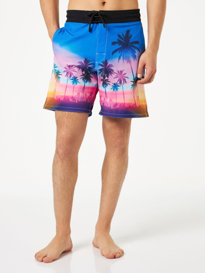 Mc2 Saint Barth Man Comfort And Stretch Surf Shorts With Palm Print In Sky