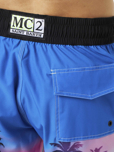 Mc2 Saint Barth Man Comfort And Stretch Surf Shorts With Palm Print In Sky