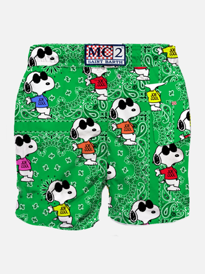Shop Mc2 Saint Barth Man Classic Swim Shorts With Snoopy On Green Bandanna Pattern Snoopy - Peanuts Special Edition