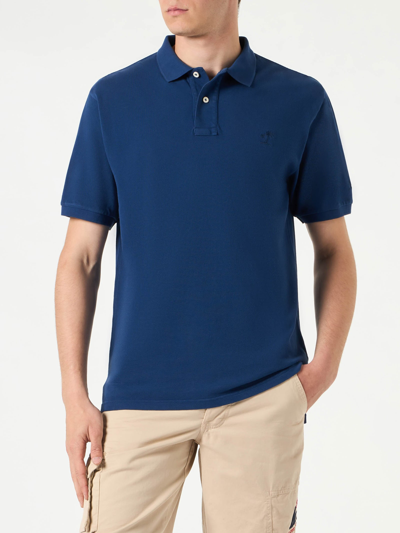 Shop Mc2 Saint Barth Denim Piquet Polo With St. Barth Logo With Vintage Effect In Blue