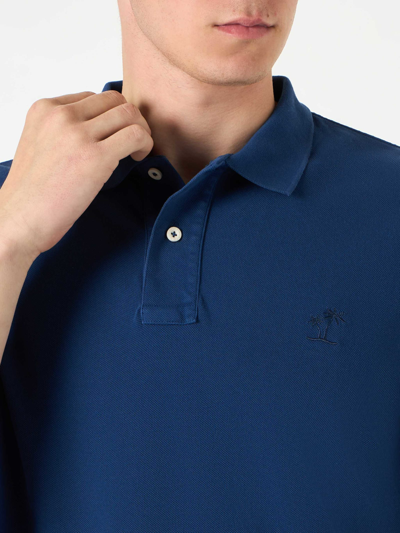 Shop Mc2 Saint Barth Denim Piquet Polo With St. Barth Logo With Vintage Effect In Blue