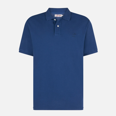 Shop Mc2 Saint Barth Denim Piquet Polo With St. Barth Logo With Vintage Effect In Blue