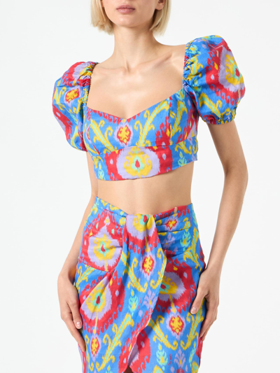 Shop Mc2 Saint Barth Crop Top With Ikat Print In Blue