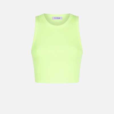 Mc2 Saint Barth Cotton Crop Tank Top With St. Barth Embroidery In Yellow