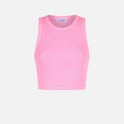Mc2 Saint Barth Cotton Crop Tank Top With St. Barth Embroidery In Pink