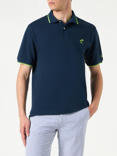 Shop Mc2 Saint Barth Blue Piquet Polo With St. Barth Logo And Contrasts