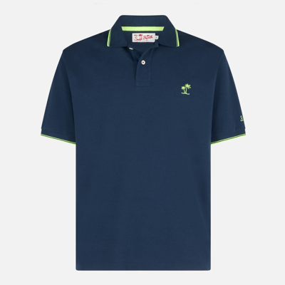 Shop Mc2 Saint Barth Blue Piquet Polo With St. Barth Logo And Contrasts