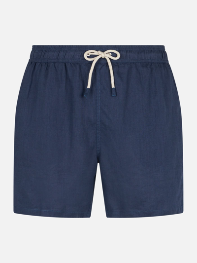 Shop Mc2 Saint Barth Man Navy Blue Linen Swim Shorts