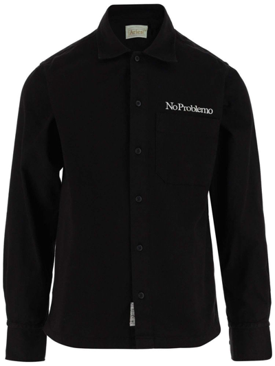 Shop Aries Slogan Embroidered Buttoned Shirt In Black